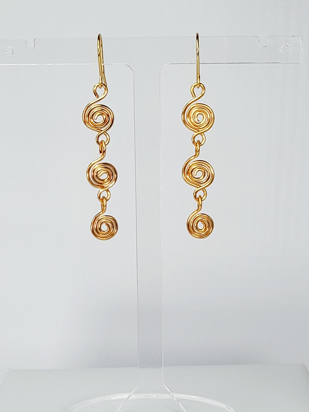 Handmade Gold‑Plated Spiral Drop Earrings, Lightweight Statement Dangle Jewellery