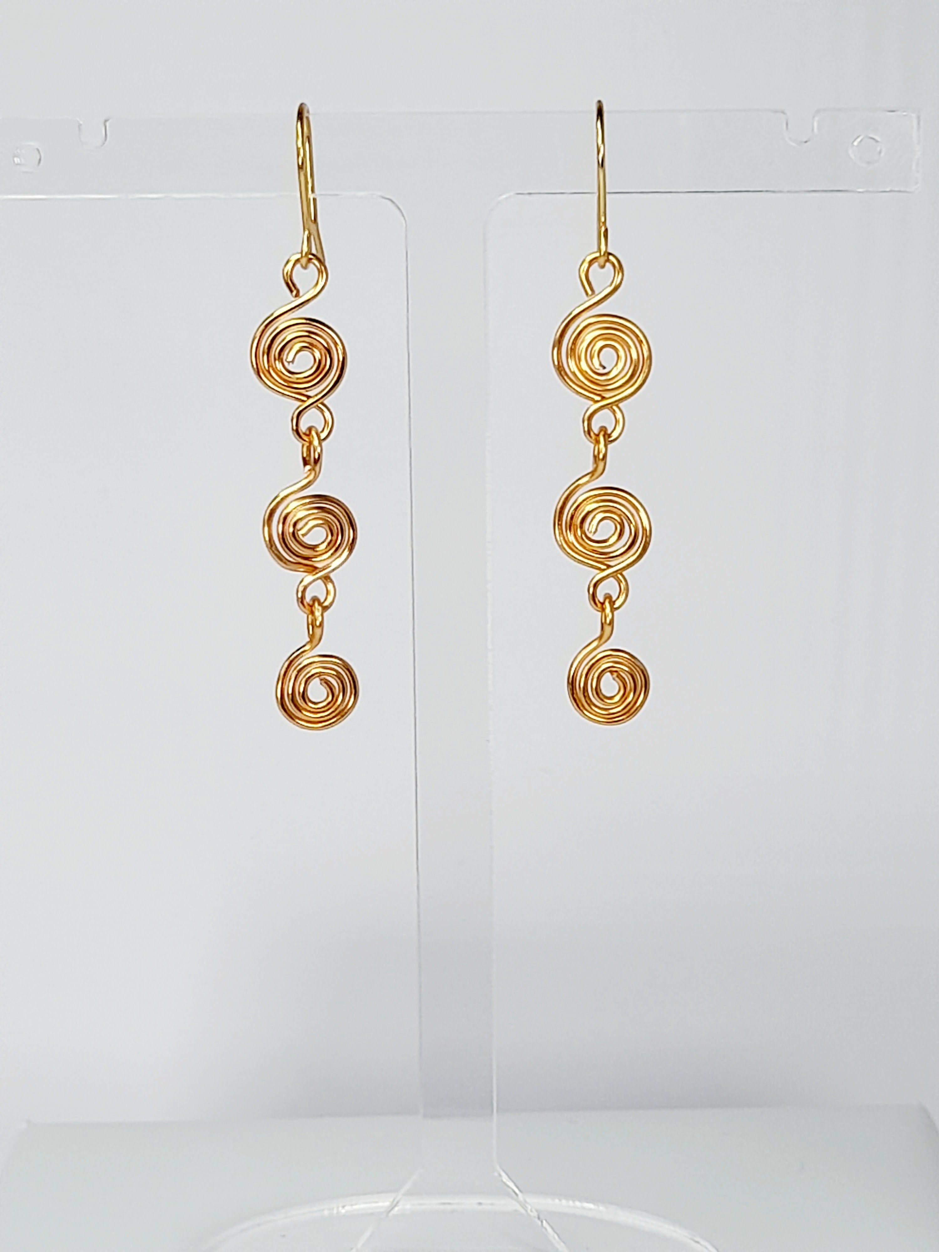 Handmade Gold‑Plated Spiral Drop Earrings, Lightweight Statement Dangle Jewellery