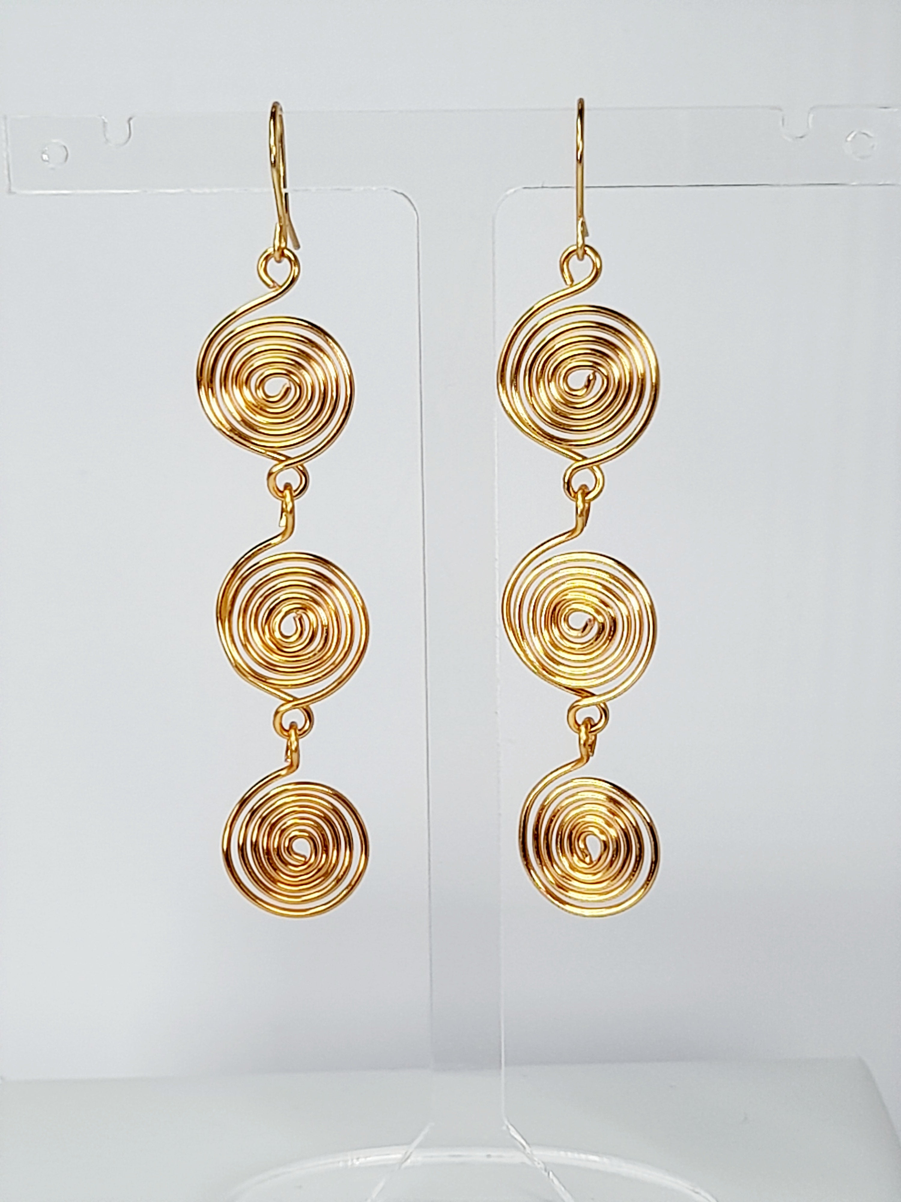 Handmade Gold‑Plated Spiral  Earrings, Lightweight Statement Dangle Jewellery