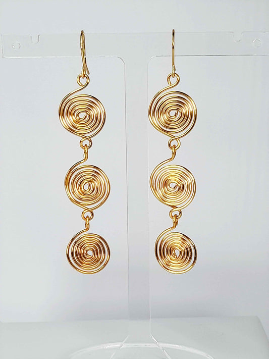 Handmade Gold‑Plated Spiral  Earrings, Lightweight Statement Dangle Jewellery