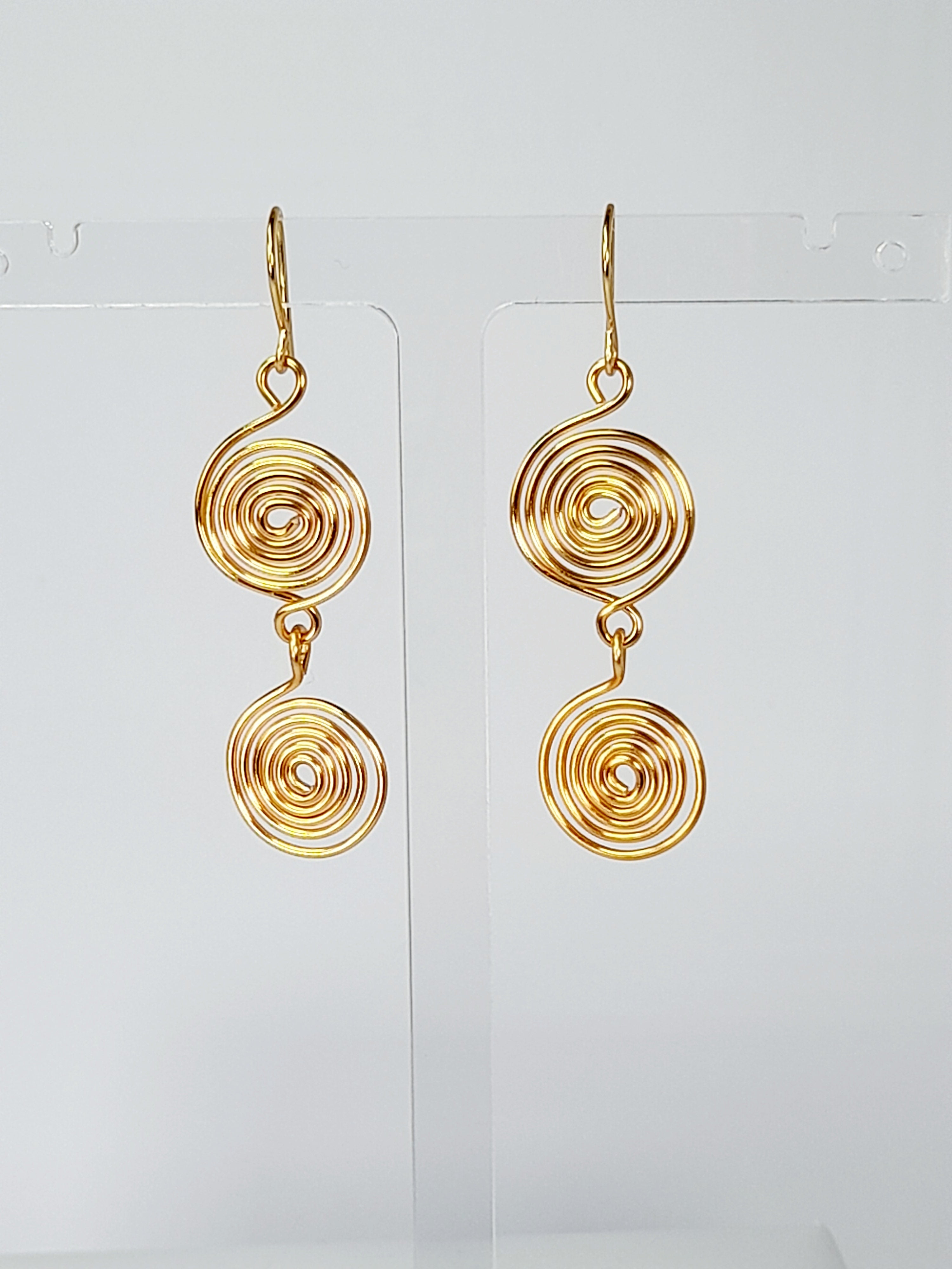 Handmade Gold‑Plated Spiral Earrings, Lightweight Geometric Two‑Spiral Dangle Jewellery