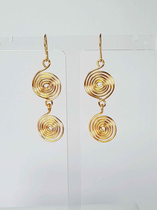 Handmade Gold‑Plated Spiral Earrings, Lightweight Geometric Two‑Spiral Dangle Jewellery