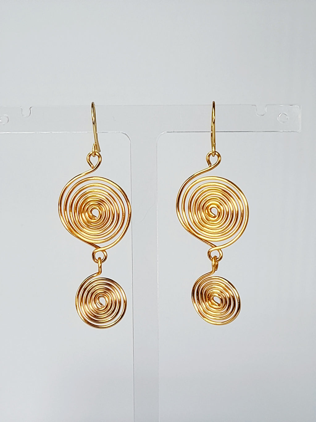 Handmade Gold‑Plated Spiral Earrings, Geometric Double‑Spiral Drop Jewellery