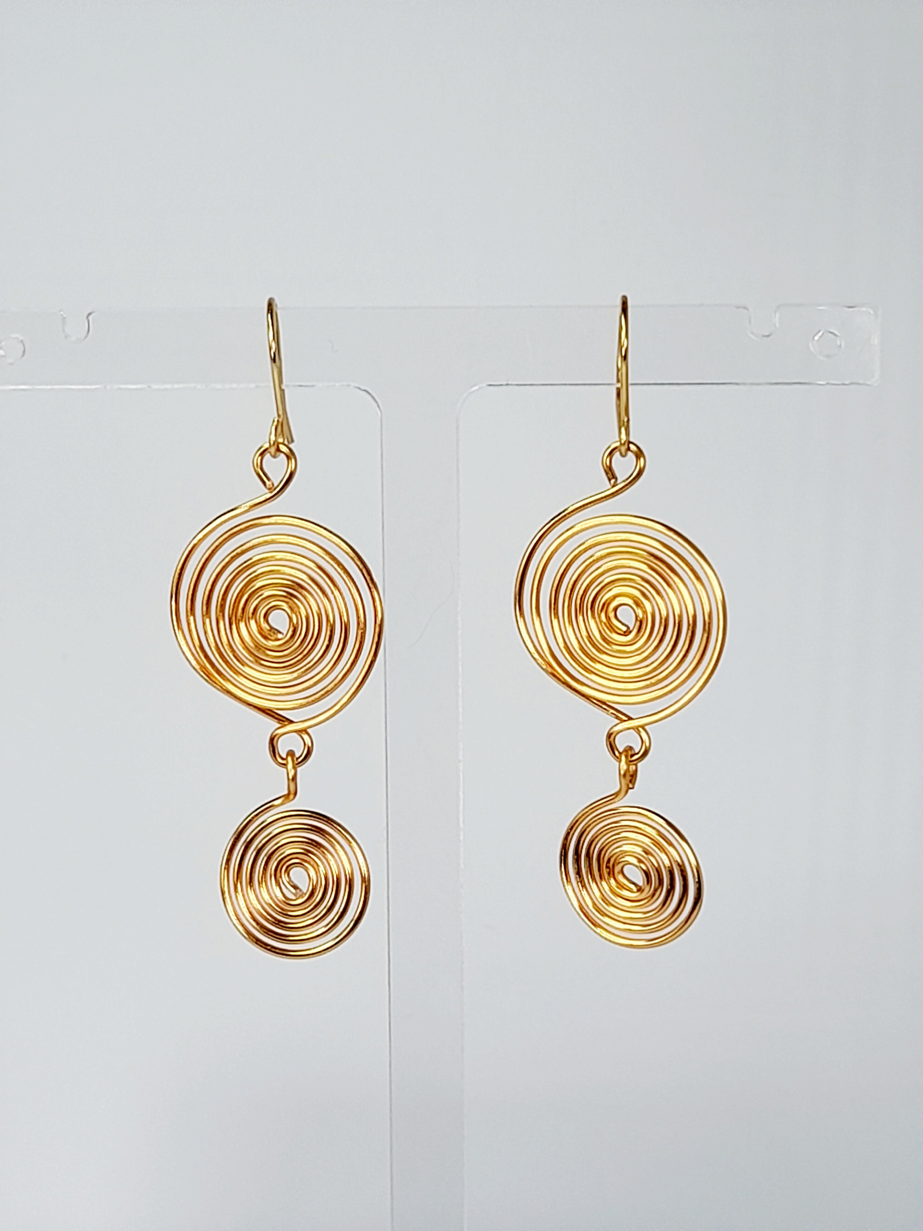 Handmade Gold‑Plated Spiral Earrings, Geometric Double‑Spiral Drop Jewellery