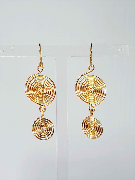 Handmade Gold‑Plated Spiral Earrings, Geometric Double‑Spiral Drop Jewellery