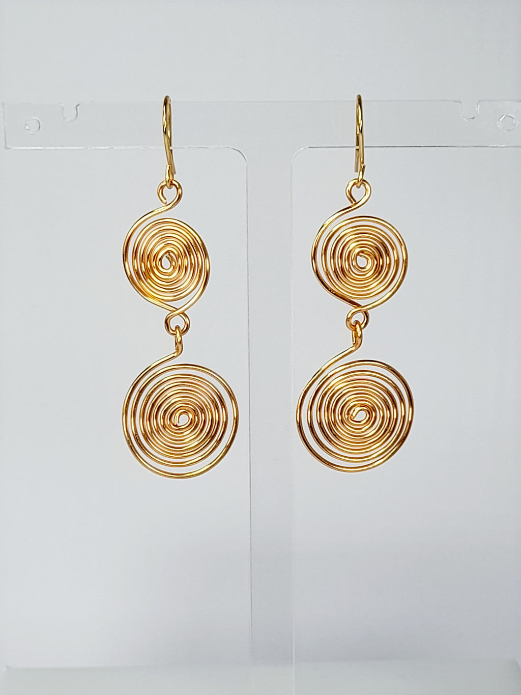 Handmade Gold‑Plated Spiral Earrings, Geometric Double Spiral Drop Jewellery