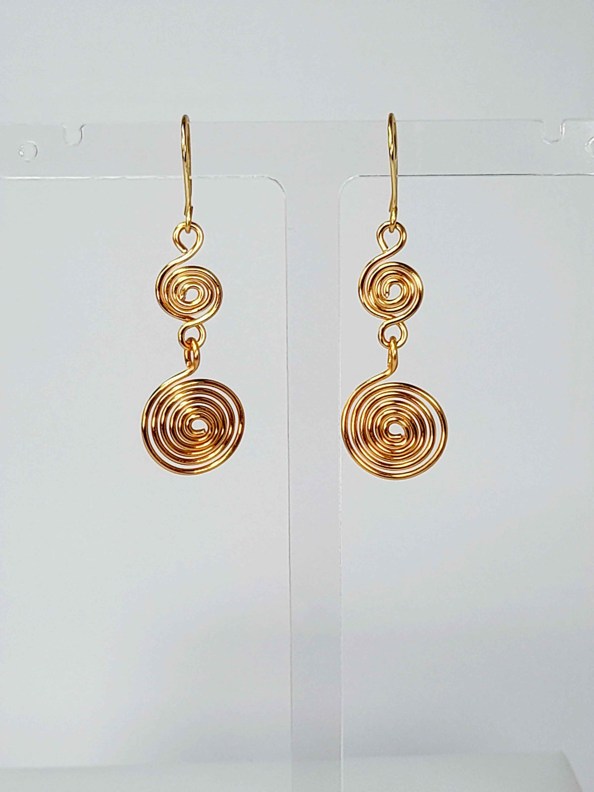 Handmade Gold‑Plated Double Spiral Earrings, Geometric Spiral Drop Jewellery
