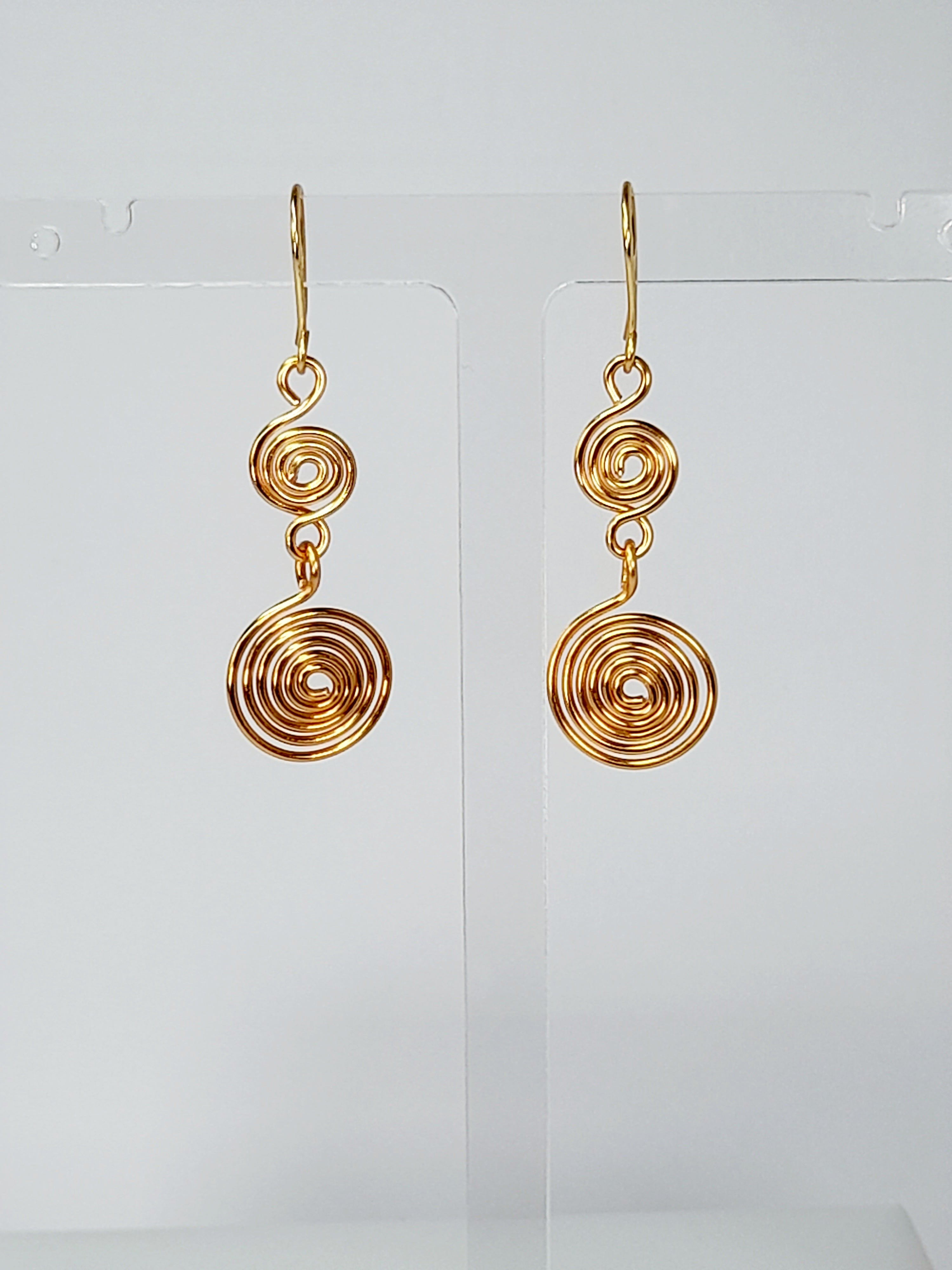 Handmade Gold‑Plated Double Spiral Earrings, Geometric Spiral Drop Jewellery