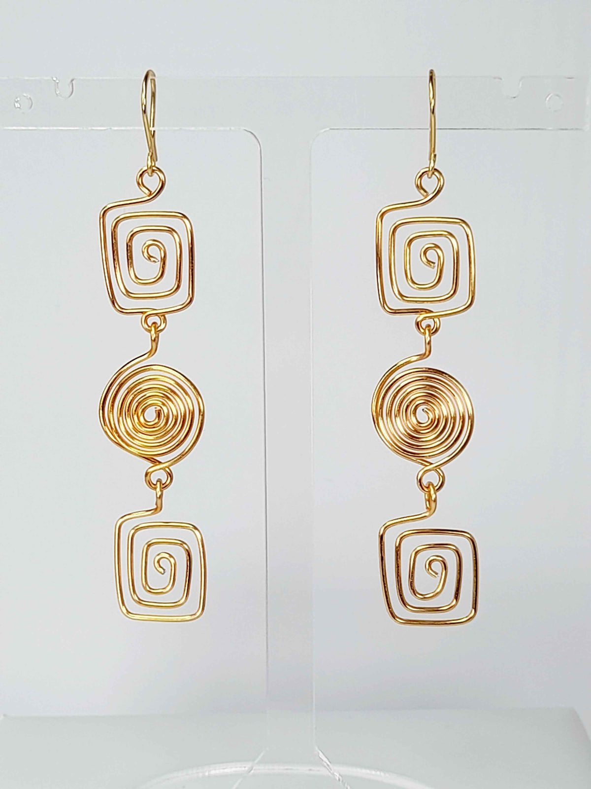 Long Geometric Spiral Gold Drop Earrings, Handmade Gold‑Plated Statement Jewellery