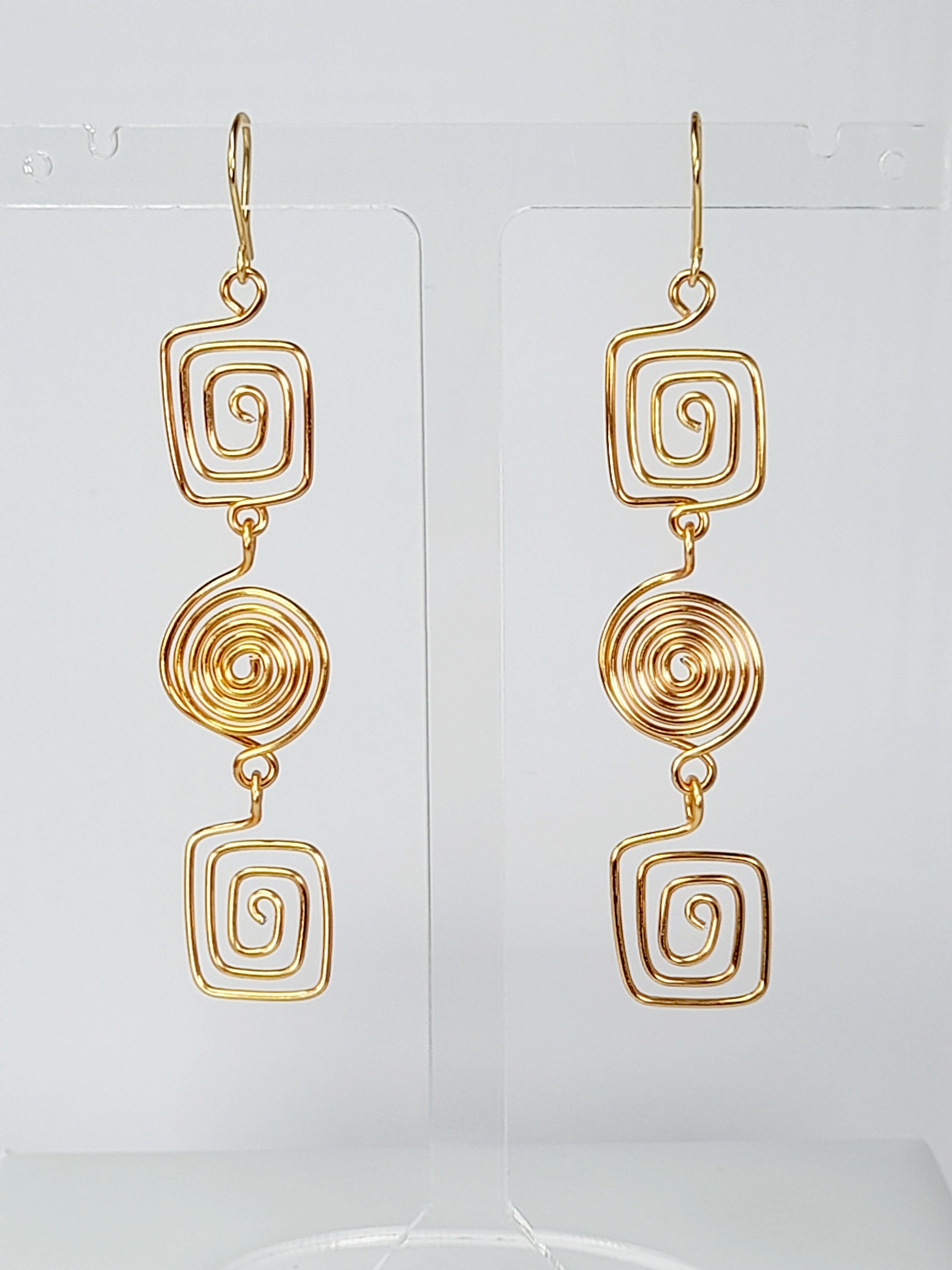 Long Geometric Spiral Gold Drop Earrings, Handmade Gold‑Plated Statement Jewellery