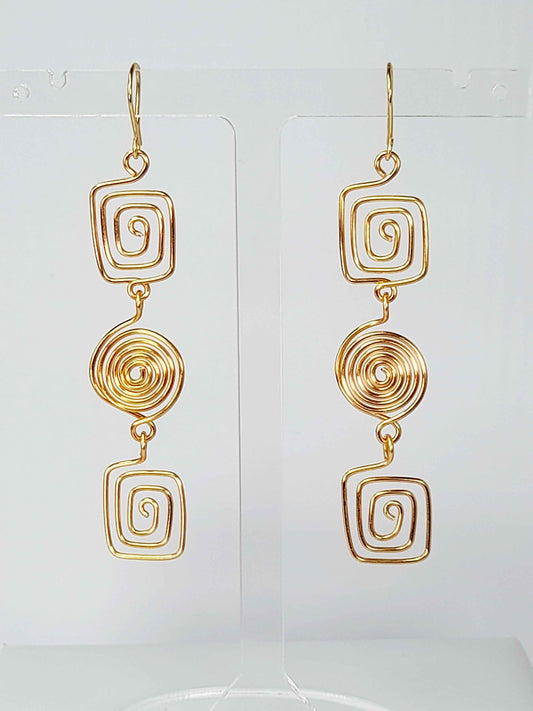 Long Geometric Spiral Gold Drop Earrings, Handmade Gold‑Plated Statement Jewellery