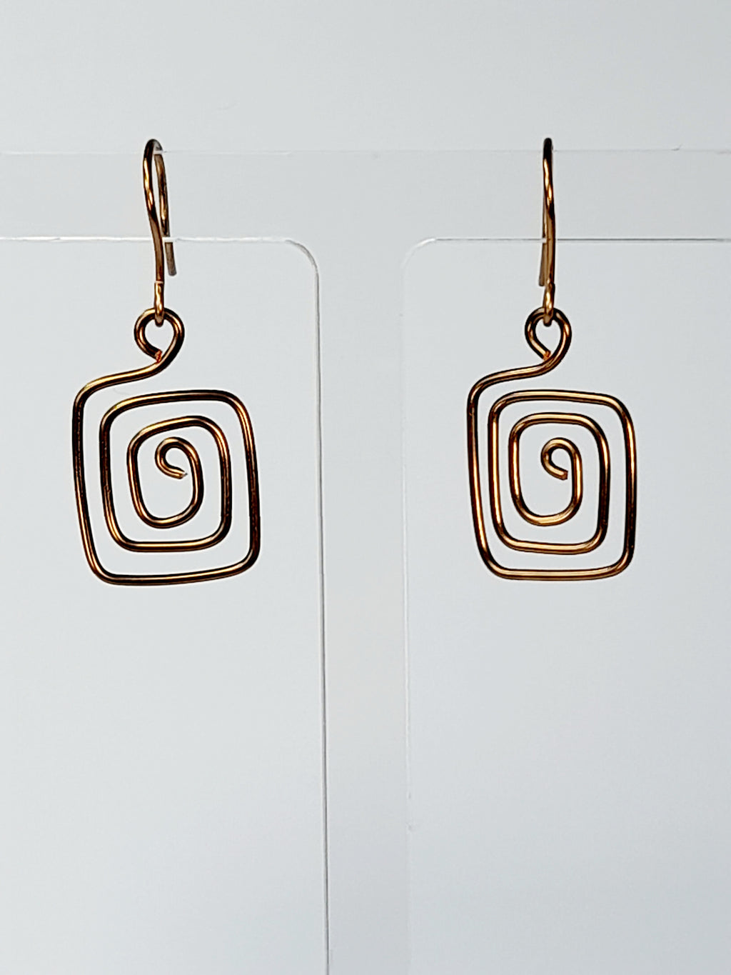 Handmade Bronze Spiral Square Earrings, Dainty Lightweight Geometric Drops