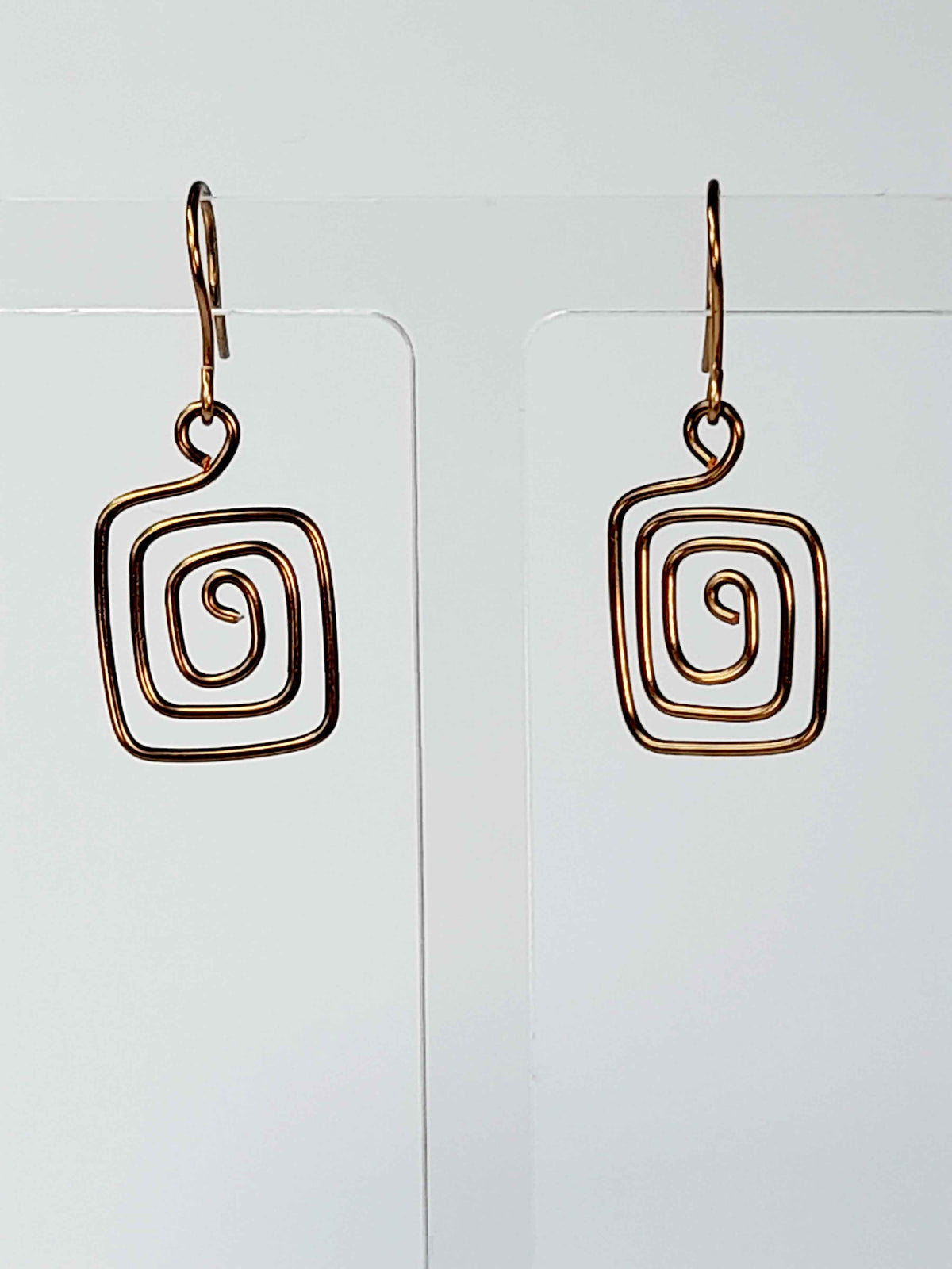 Handmade Bronze Spiral Square Earrings, Dainty Lightweight Geometric Drops