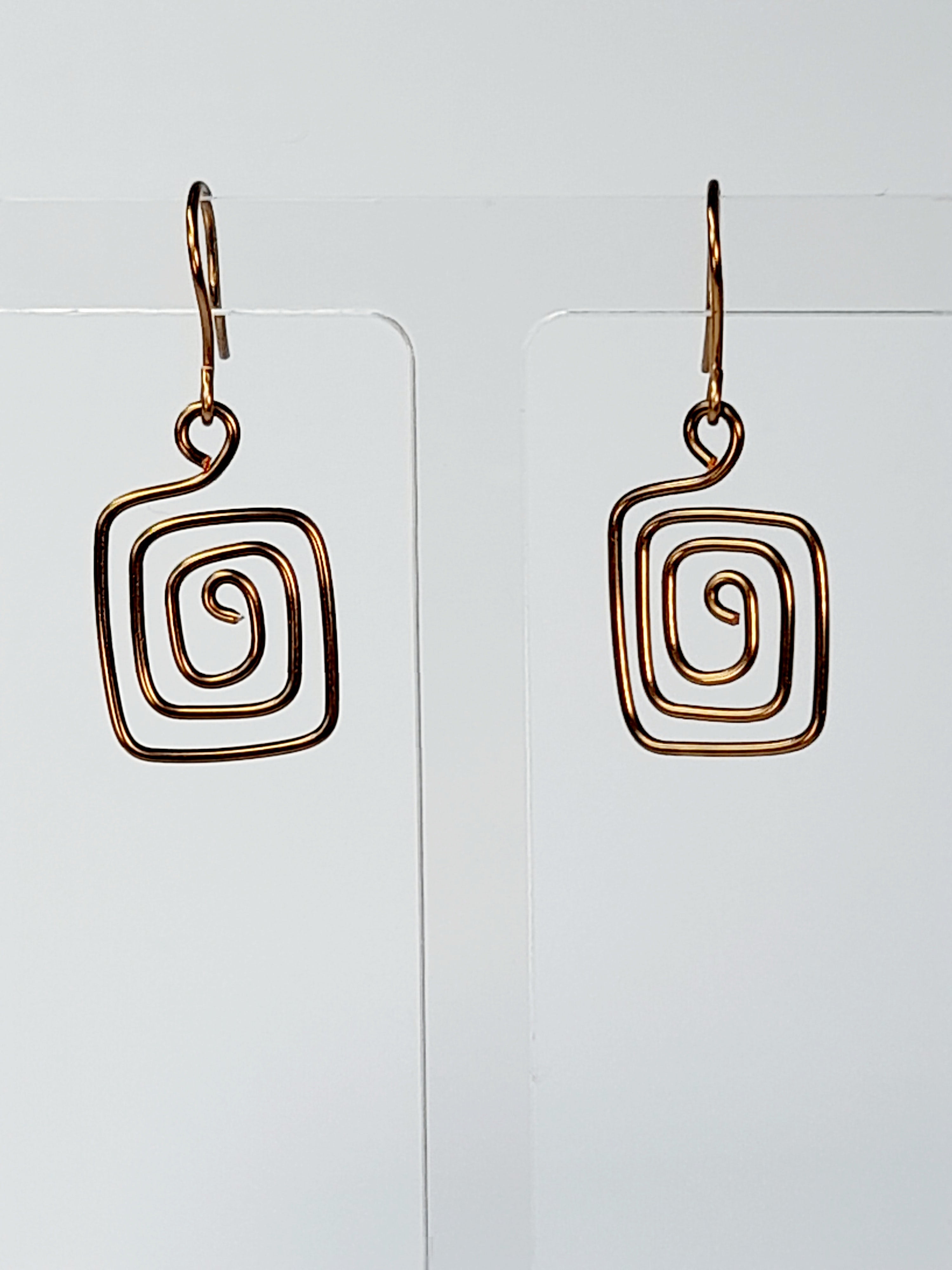 Handmade Bronze Spiral Square Earrings, Dainty Lightweight Geometric Drops
