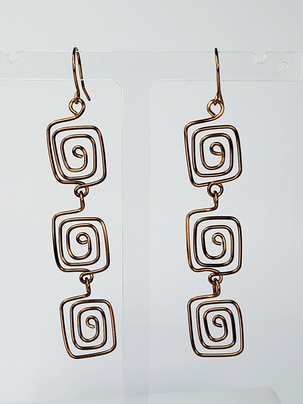 Handmade Bronze‑Plated Square Spiral Earrings, Large Geometric Statement Dangle Jewellery
