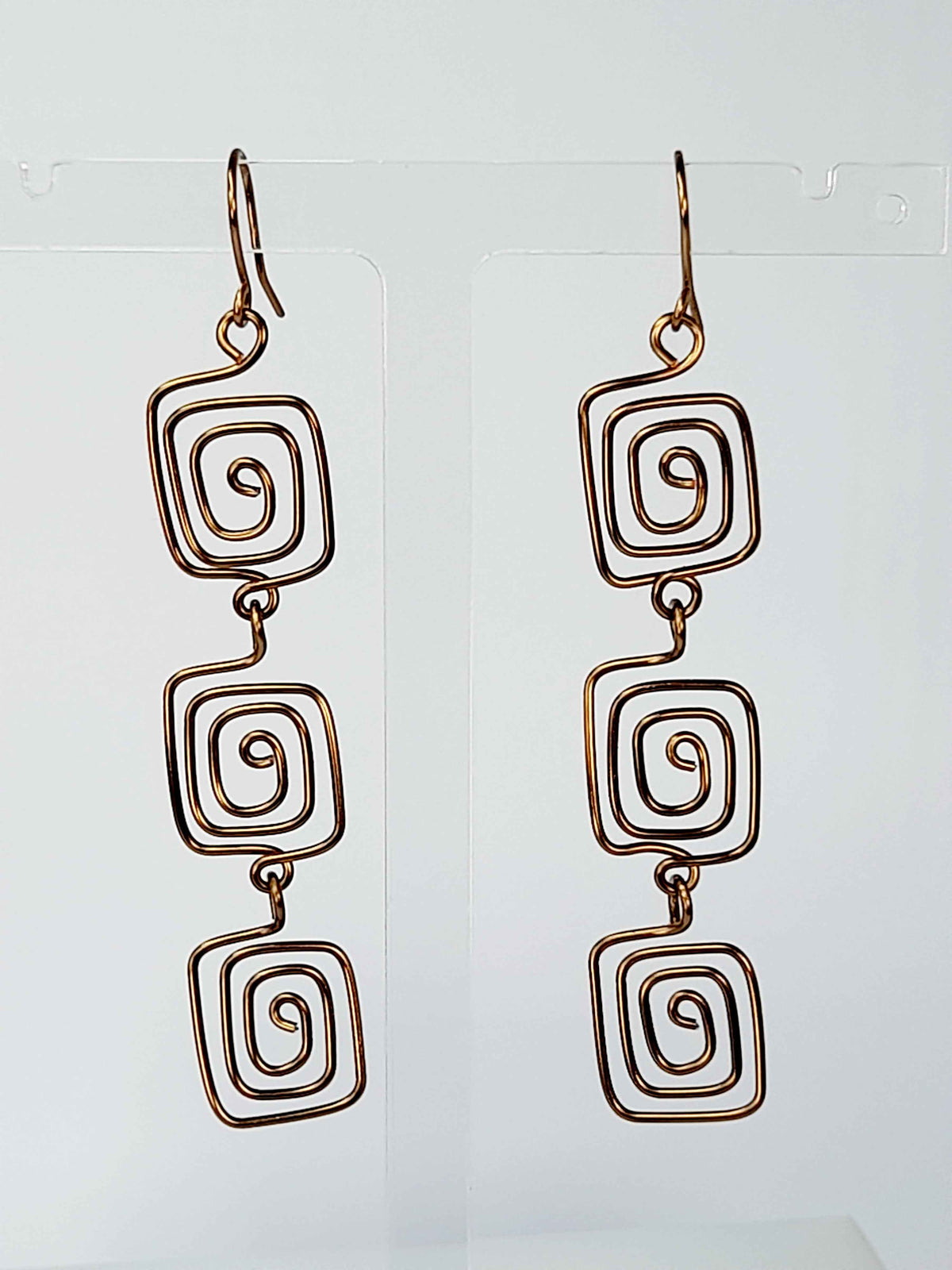 Handmade Bronze‑Plated Square Spiral Earrings, Large Geometric Statement Dangle Jewellery