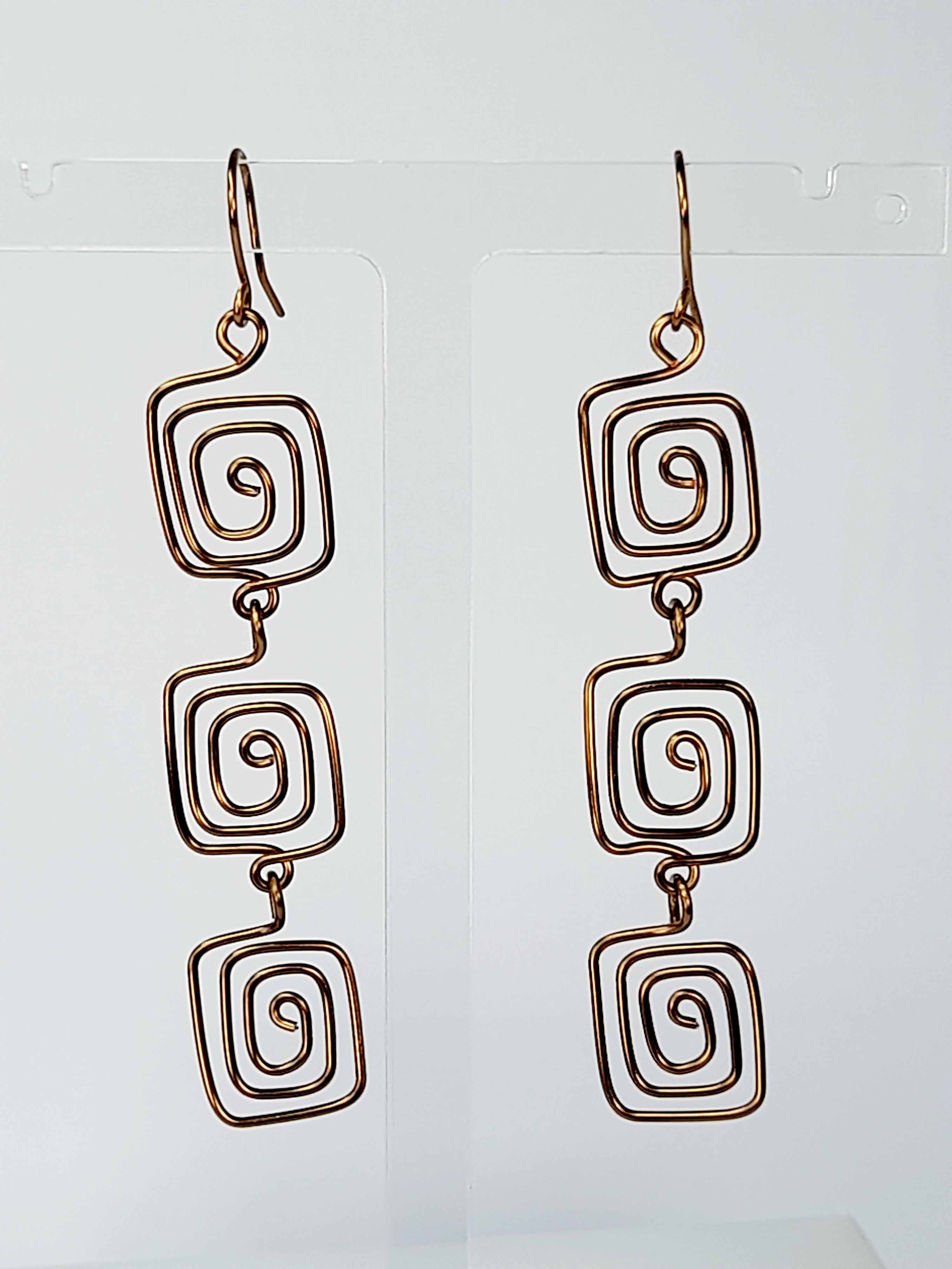 Handmade Bronze‑Plated Square Spiral Earrings, Large Geometric Statement Dangle Jewellery