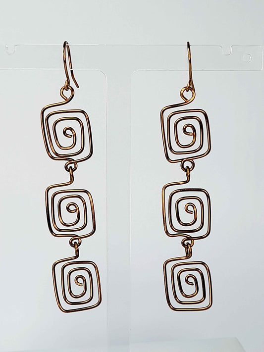 Handmade Bronze‑Plated Square Spiral Earrings, Large Geometric Statement Dangle Jewellery