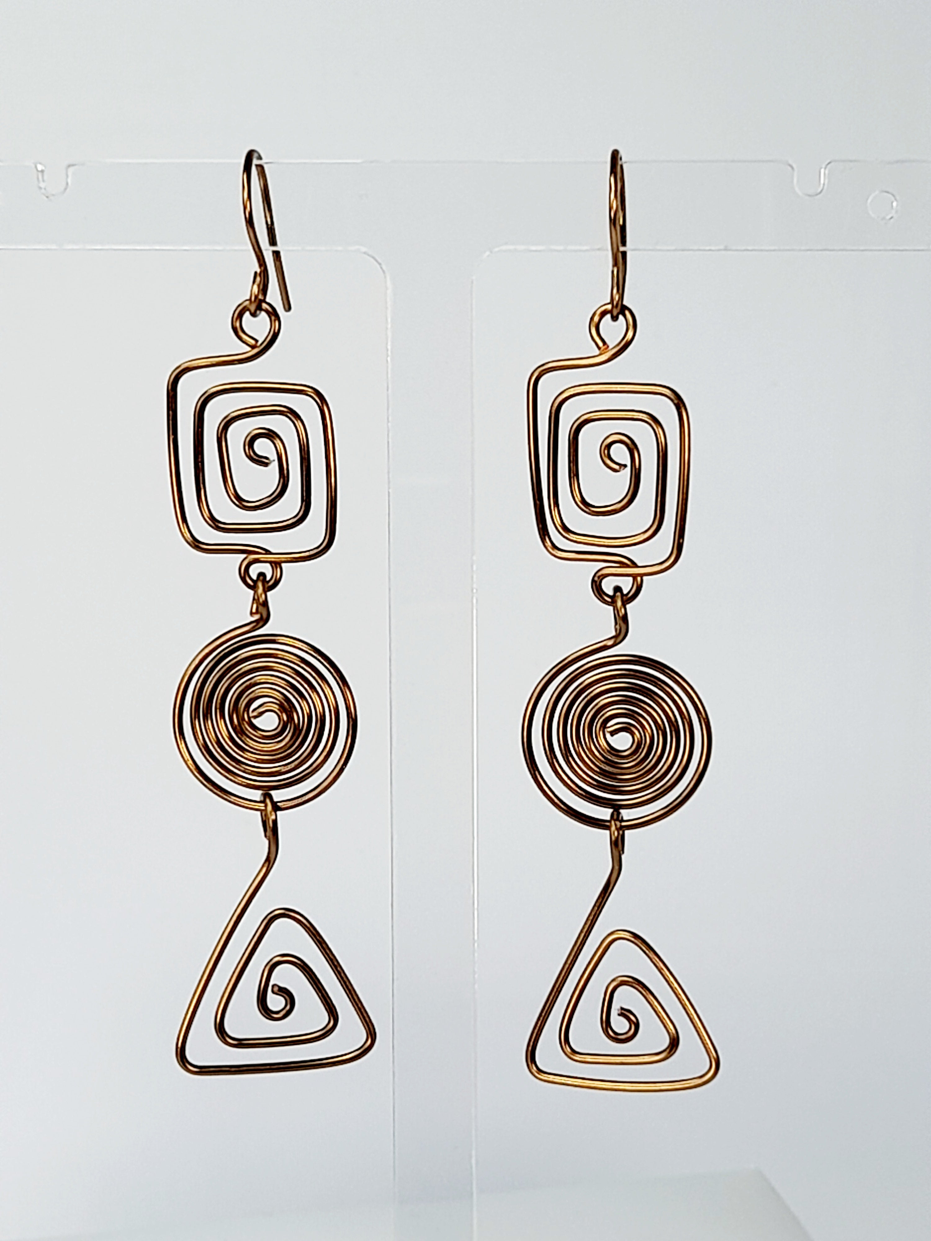 Geometric Bronze Spiral Earrings, Handmade Lightweight Statement Dangles