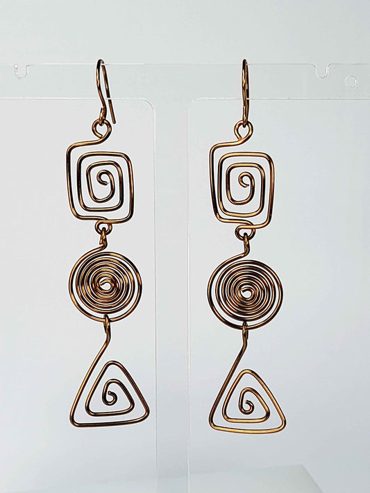 Geometric Bronze Spiral Earrings, Handmade Lightweight Statement Dangles