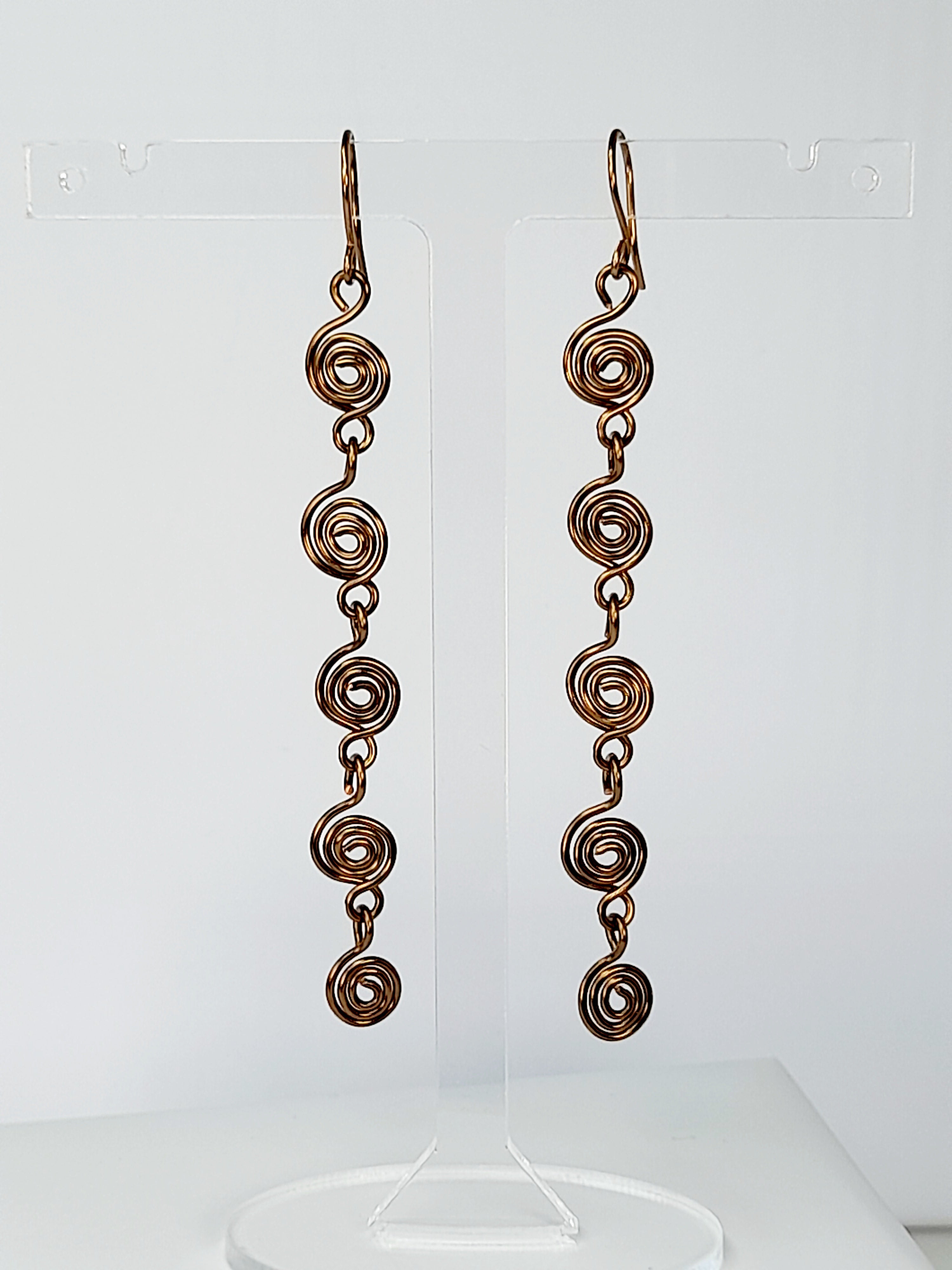Handmade Bronze‑Plated Long Spiral Earrings, Lightweight Five‑Spiral Geometric Dangle Jewellery