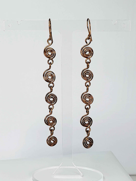 Handmade Bronze‑Plated Long Spiral Earrings, Lightweight Five‑Spiral Geometric Dangle Jewellery