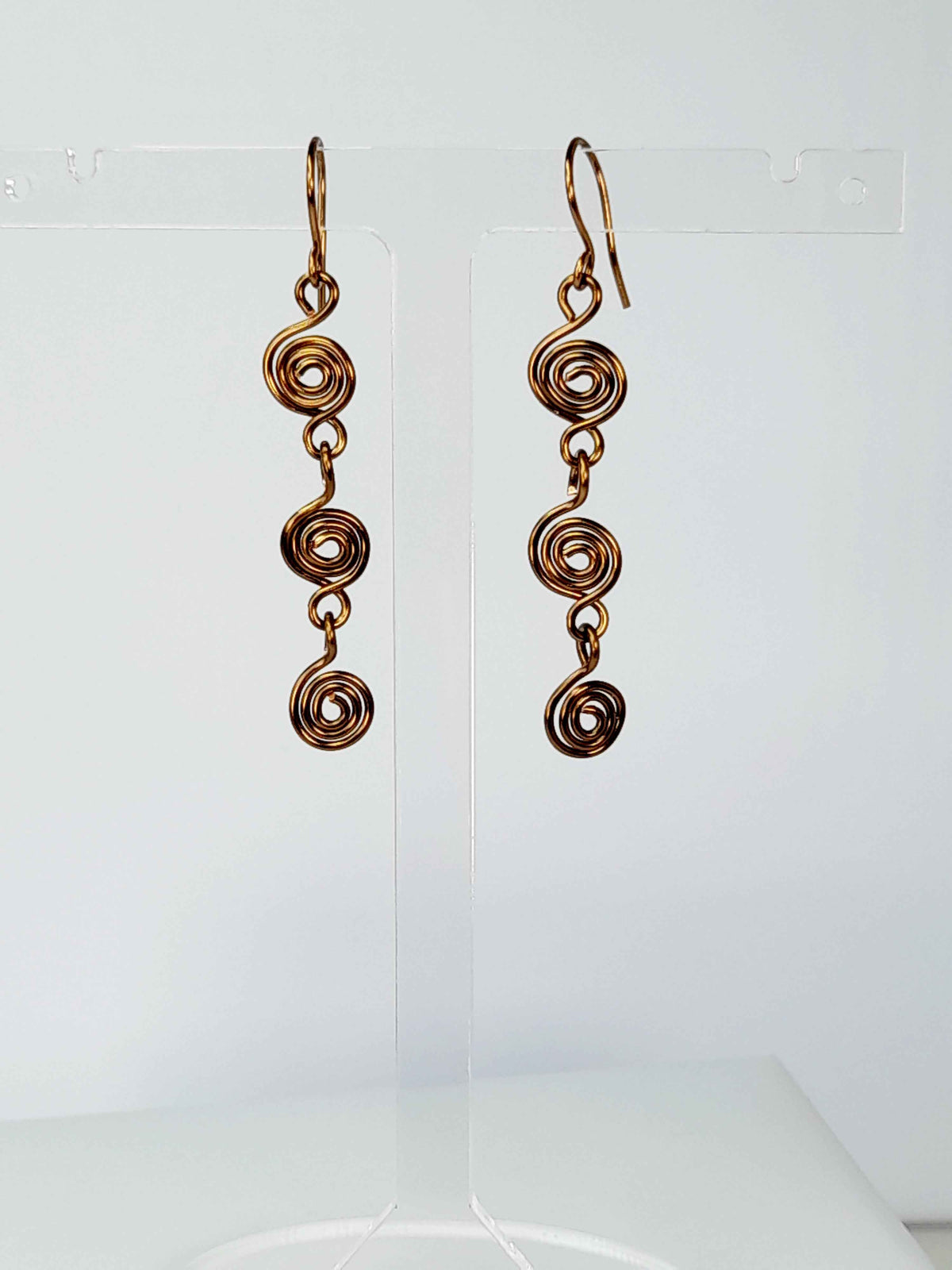 Handmade Bronze‑Plated Spiral Drop Earrings, Lightweight Statement Dangle Jewellery