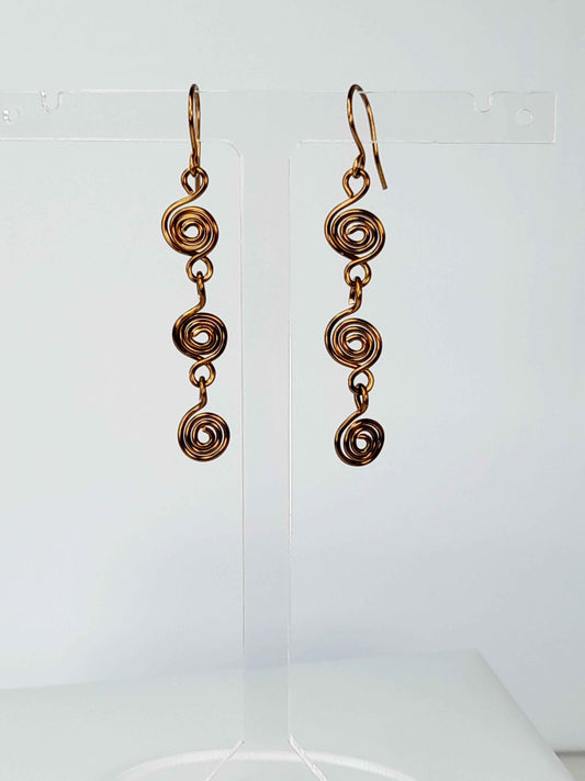 Handmade Bronze‑Plated Spiral Drop Earrings, Lightweight Statement Dangle Jewellery