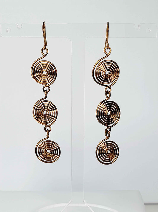 Handmade Bronze‑Plated Spiral  Earrings, Lightweight Statement Dangle Jewellery