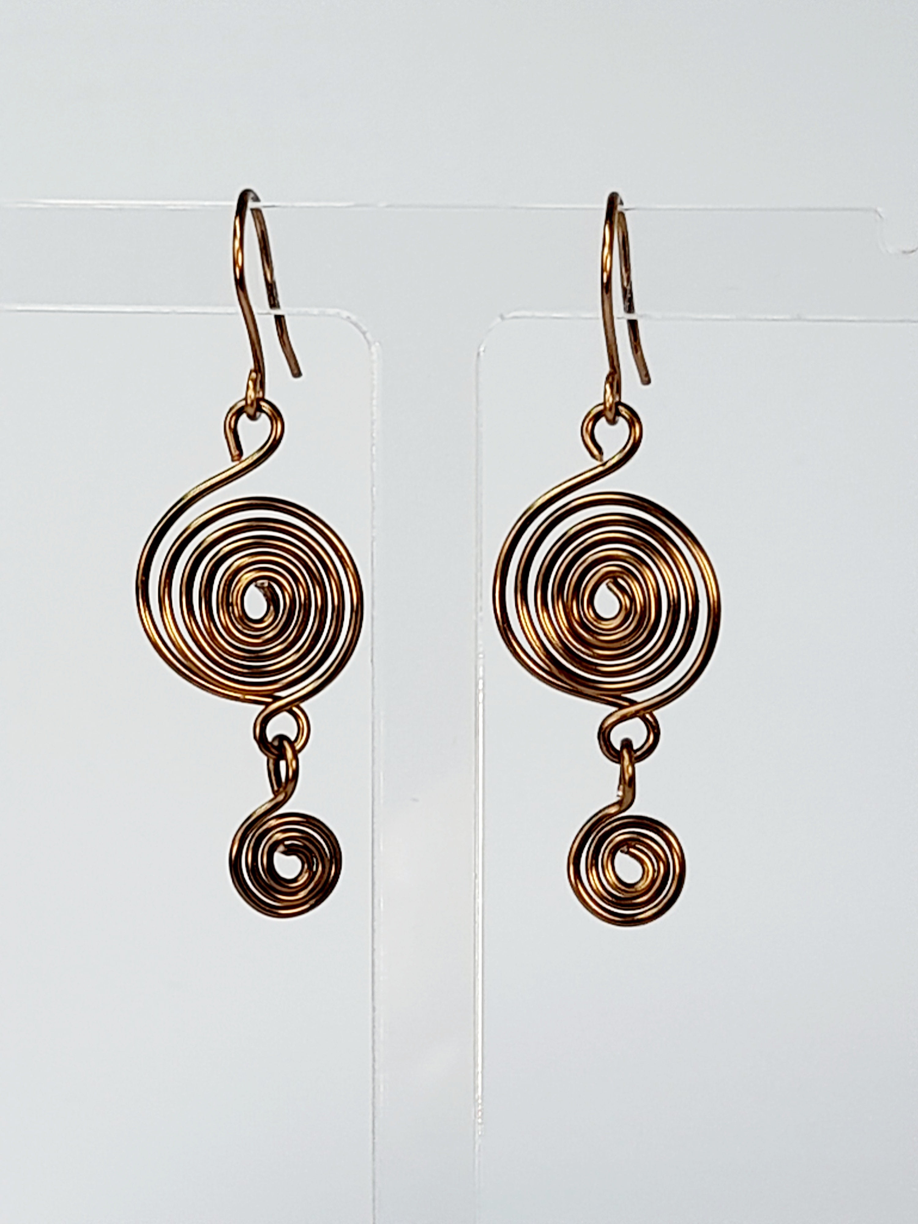 Handmade Bronze‑Plated  Spiral Earrings, Geometric Double Spiral Dangle Jewellery