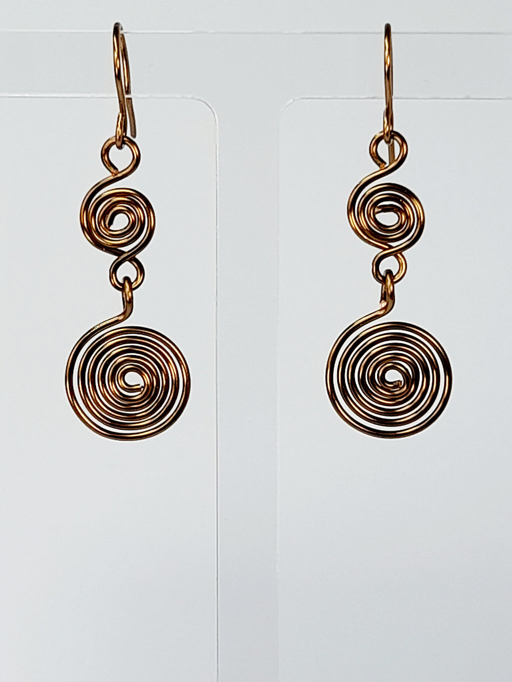 Handmade Bronze‑Plated Double Spiral Earrings, Geometric Spiral Drop Jewellery