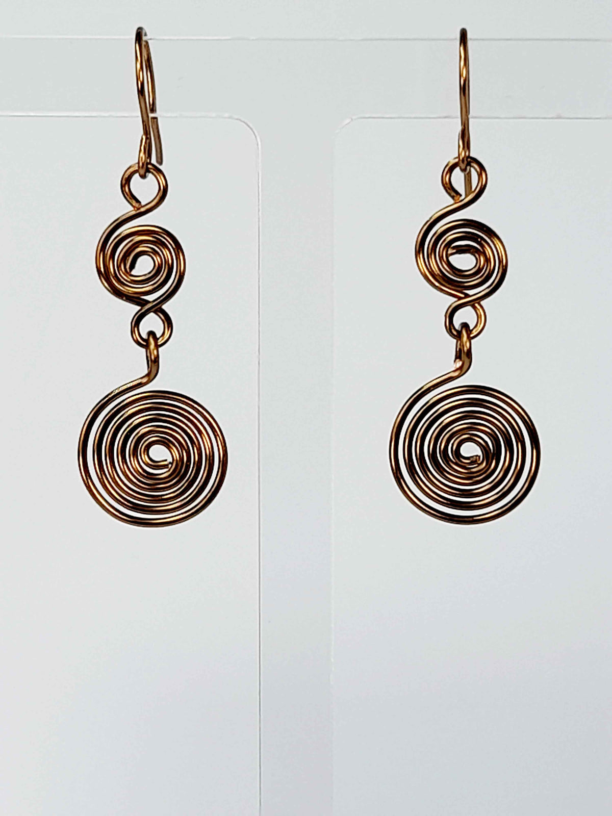 Handmade Bronze‑Plated Double Spiral Earrings, Geometric Spiral Drop Jewellery