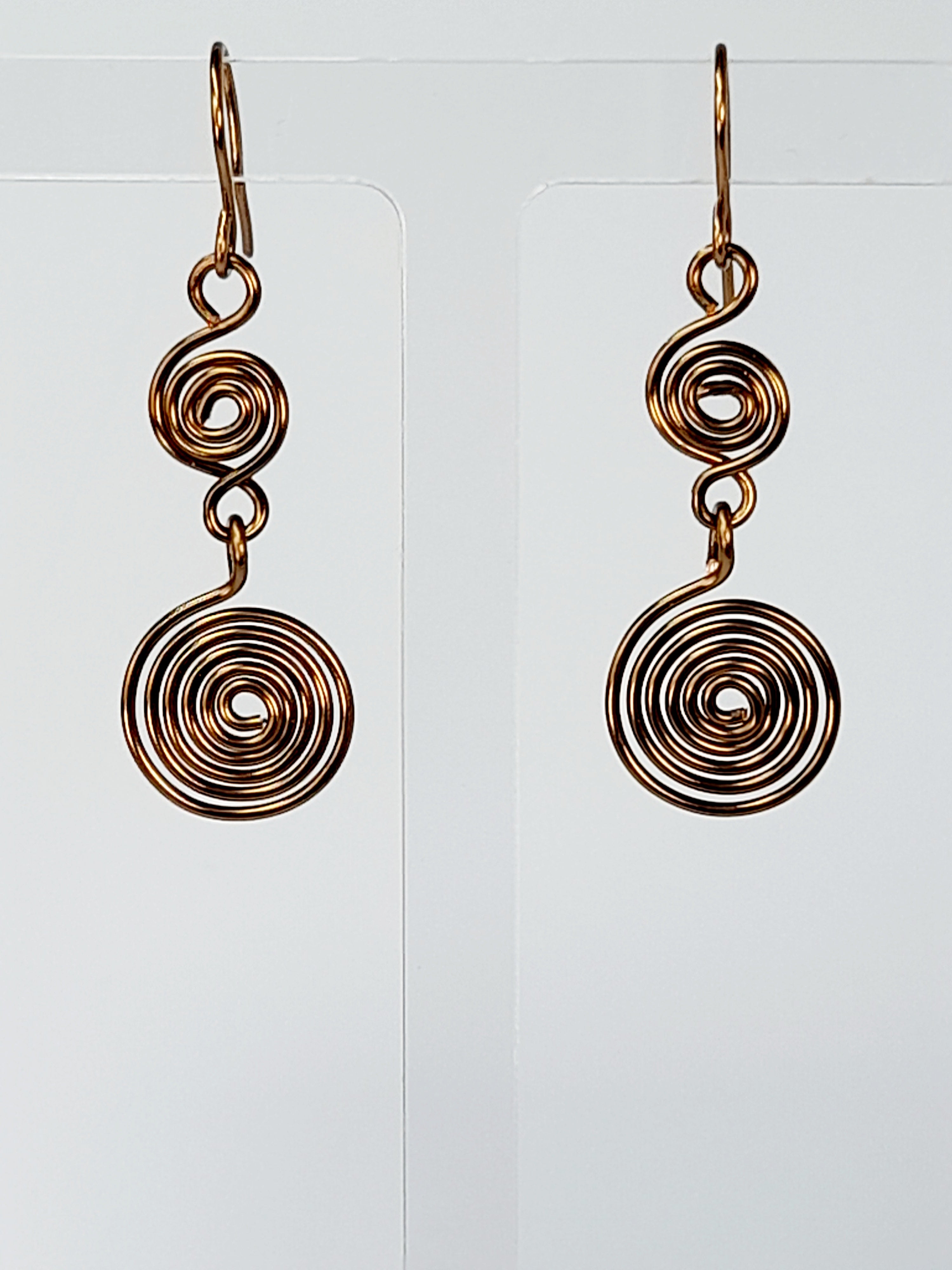 Handmade Bronze‑Plated Double Spiral Earrings, Geometric Spiral Drop Jewellery