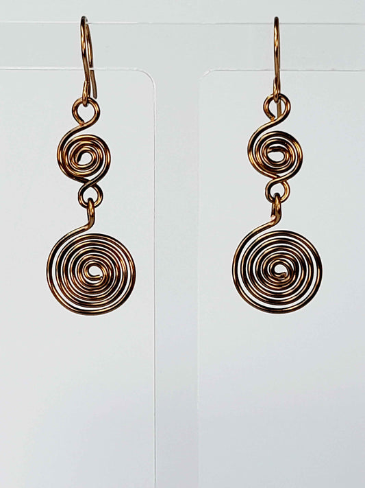 Handmade Bronze‑Plated Double Spiral Earrings, Geometric Spiral Drop Jewellery