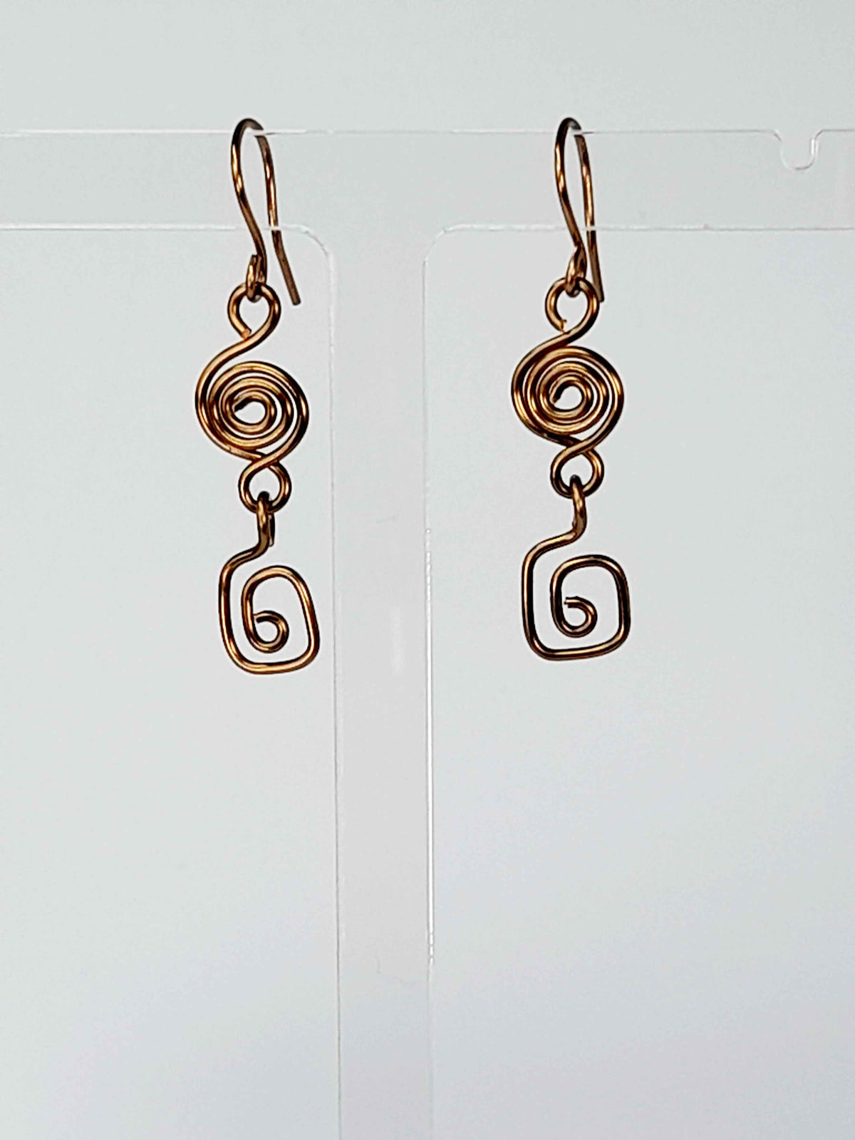 Handmade Small Bronze Spiral Drop Earrings, Dainty Round & Square Spiral Design