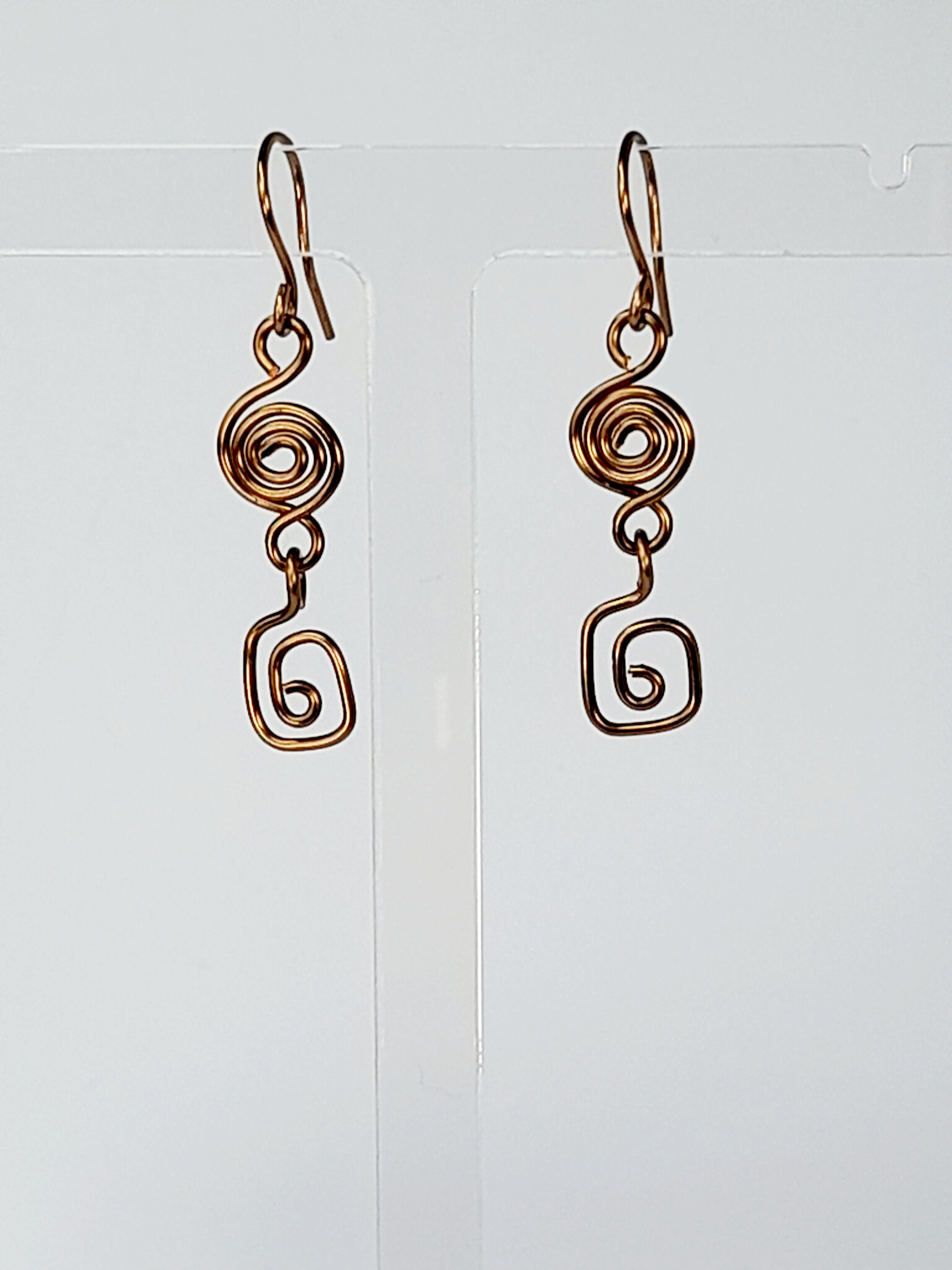 Handmade Small Bronze Spiral Drop Earrings, Dainty Round & Square Spiral Design