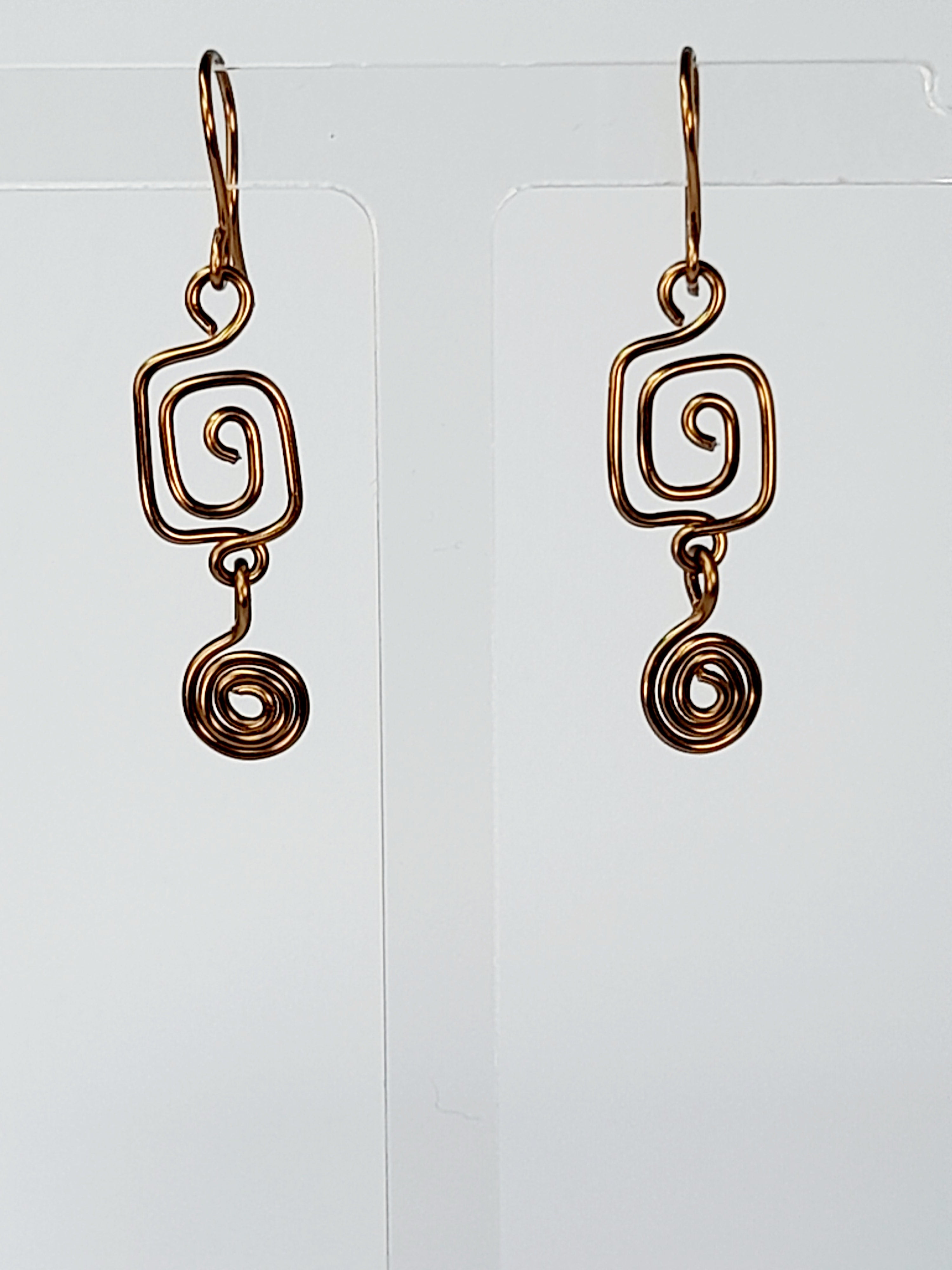 Small Handmade Bronze Spiral Earrings, Dainty Round & Square Design