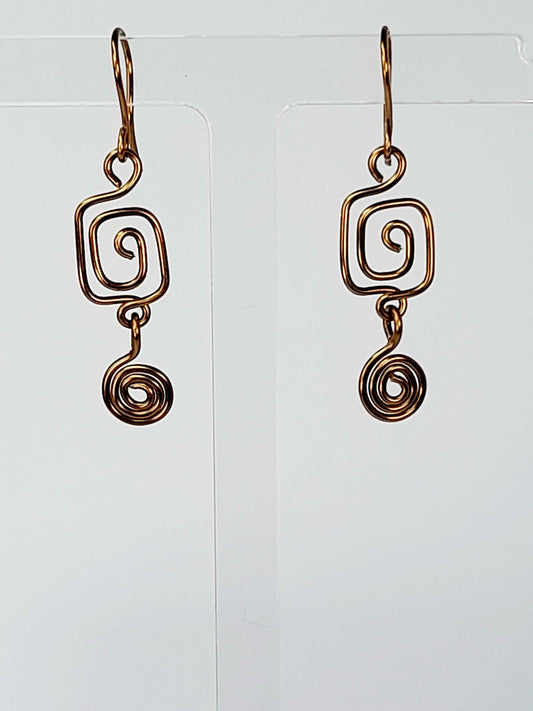 Small Handmade Bronze Spiral Earrings, Dainty Round & Square Design