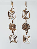 Long Geometric Spiral Bronze Drop Earrings, Handmade Gold‑Plated Statement Jewellery