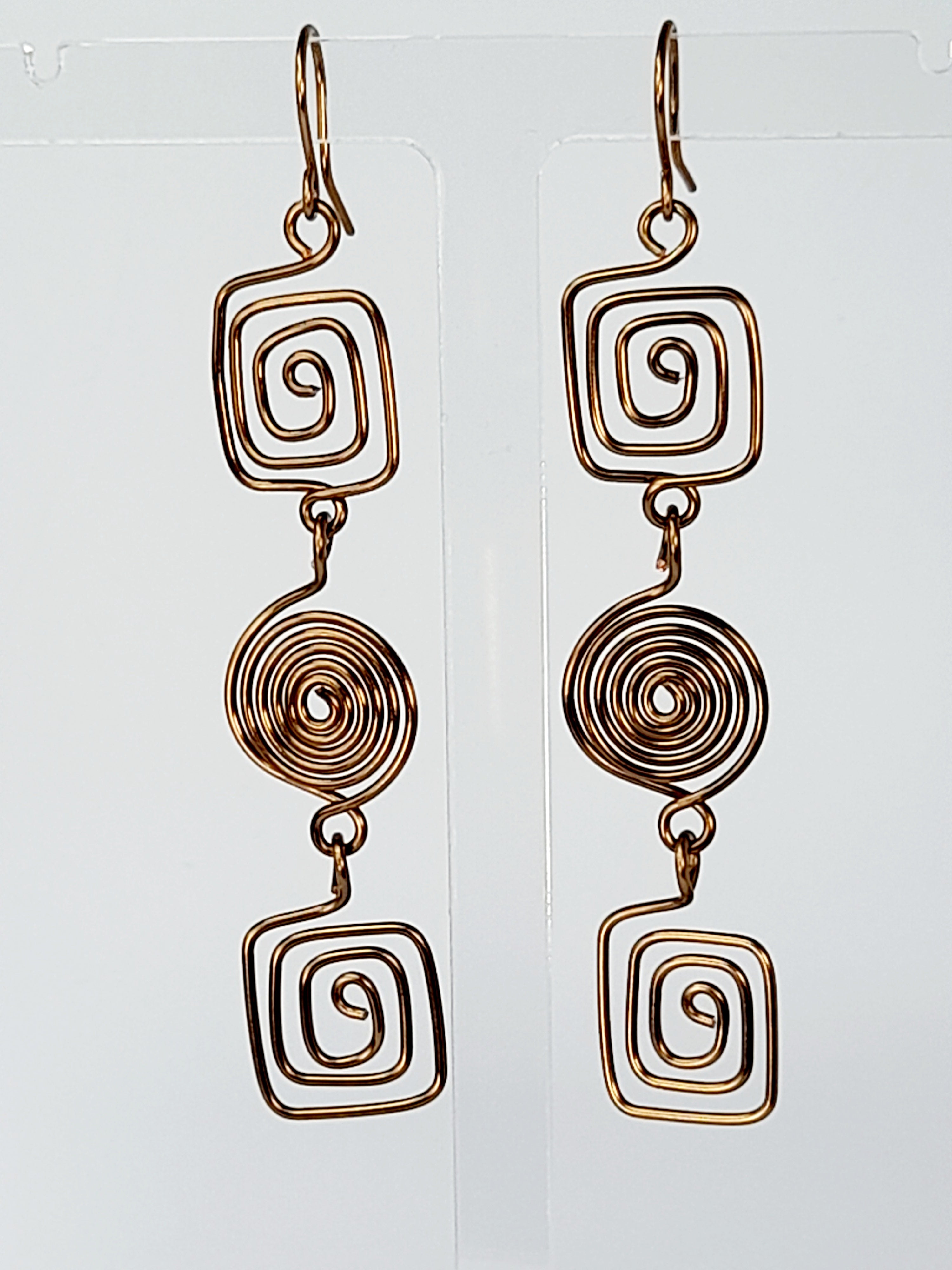 Long Geometric Spiral Bronze Drop Earrings, Handmade Gold‑Plated Statement Jewellery