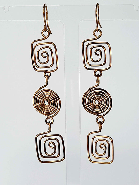 Long Geometric Spiral Bronze Drop Earrings, Handmade Gold‑Plated Statement Jewellery