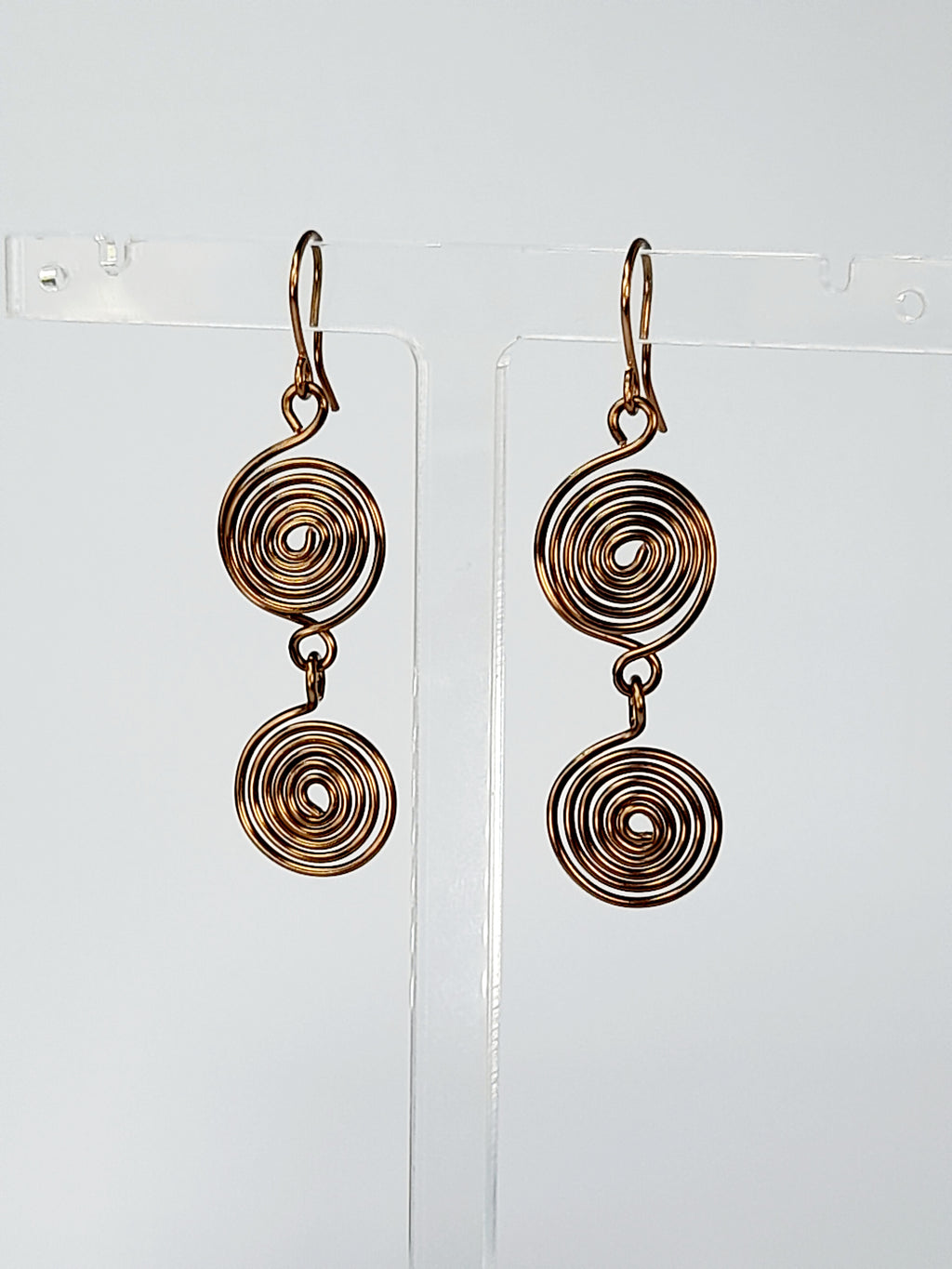 Handmade Bronze‑Plated Spiral Earrings, Lightweight Geometric Two‑Spiral Dangle Jewellery