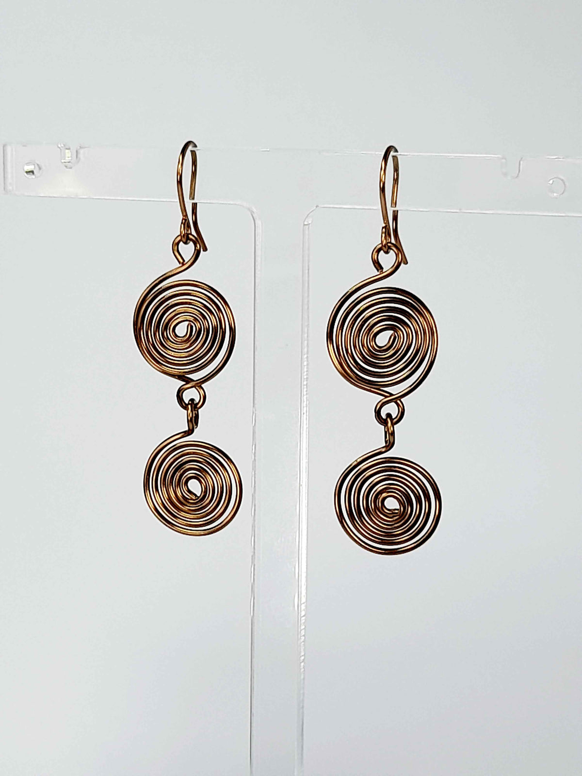 Handmade Bronze‑Plated Spiral Earrings, Lightweight Geometric Two‑Spiral Dangle Jewellery