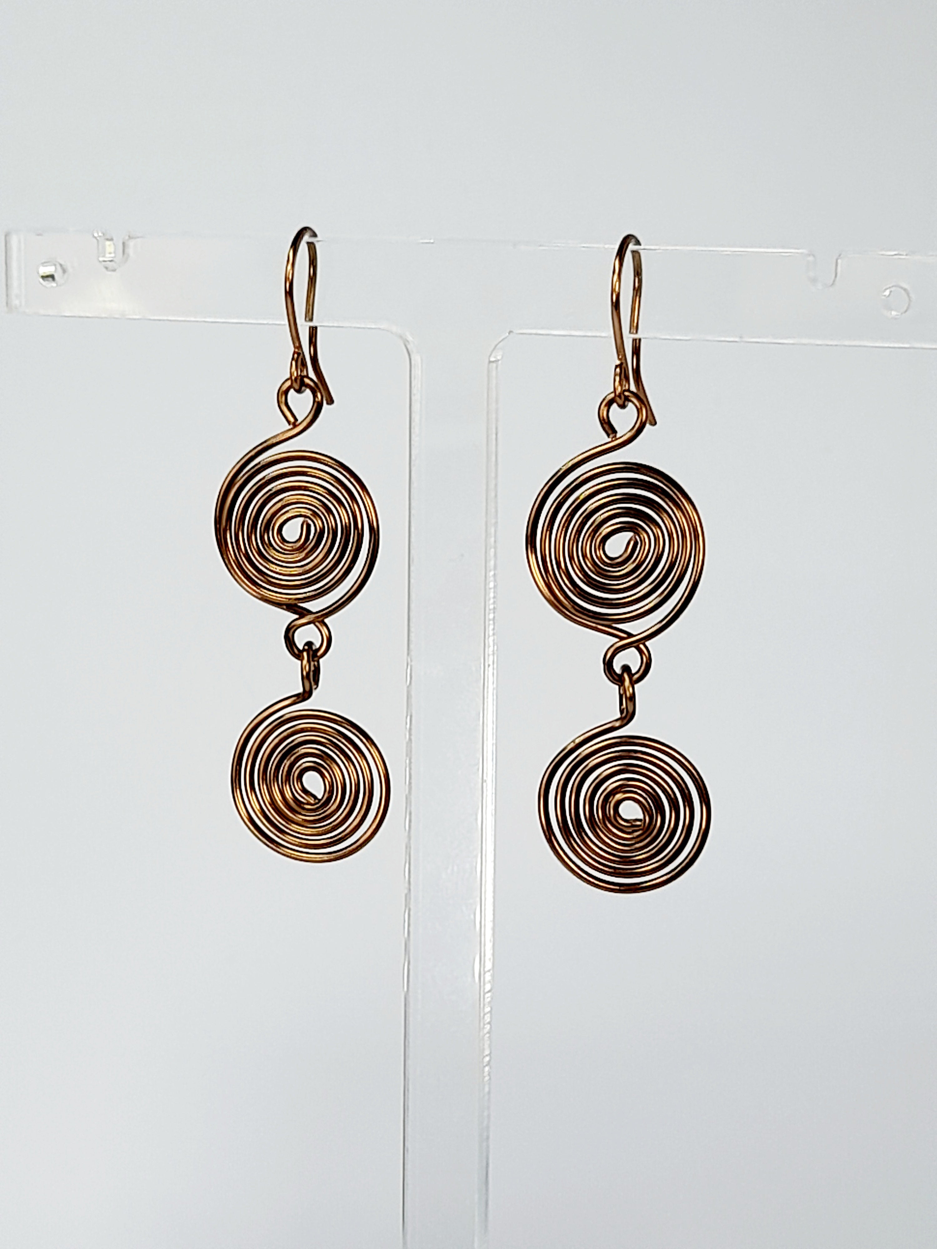 Handmade Bronze‑Plated Spiral Earrings, Lightweight Geometric Two‑Spiral Dangle Jewellery