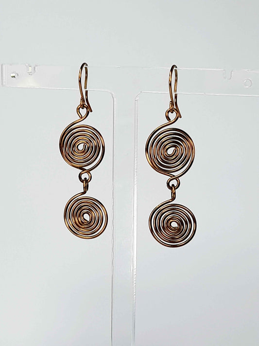 Handmade Bronze‑Plated Spiral Earrings, Lightweight Geometric Two‑Spiral Dangle Jewellery