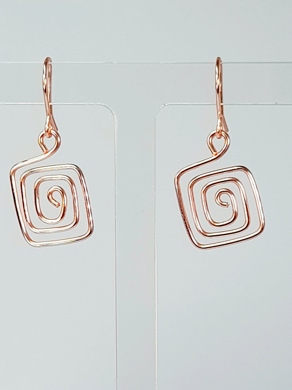 Handmade Rose Gold Spiral Square Earrings, Dainty Lightweight Geometric Drops