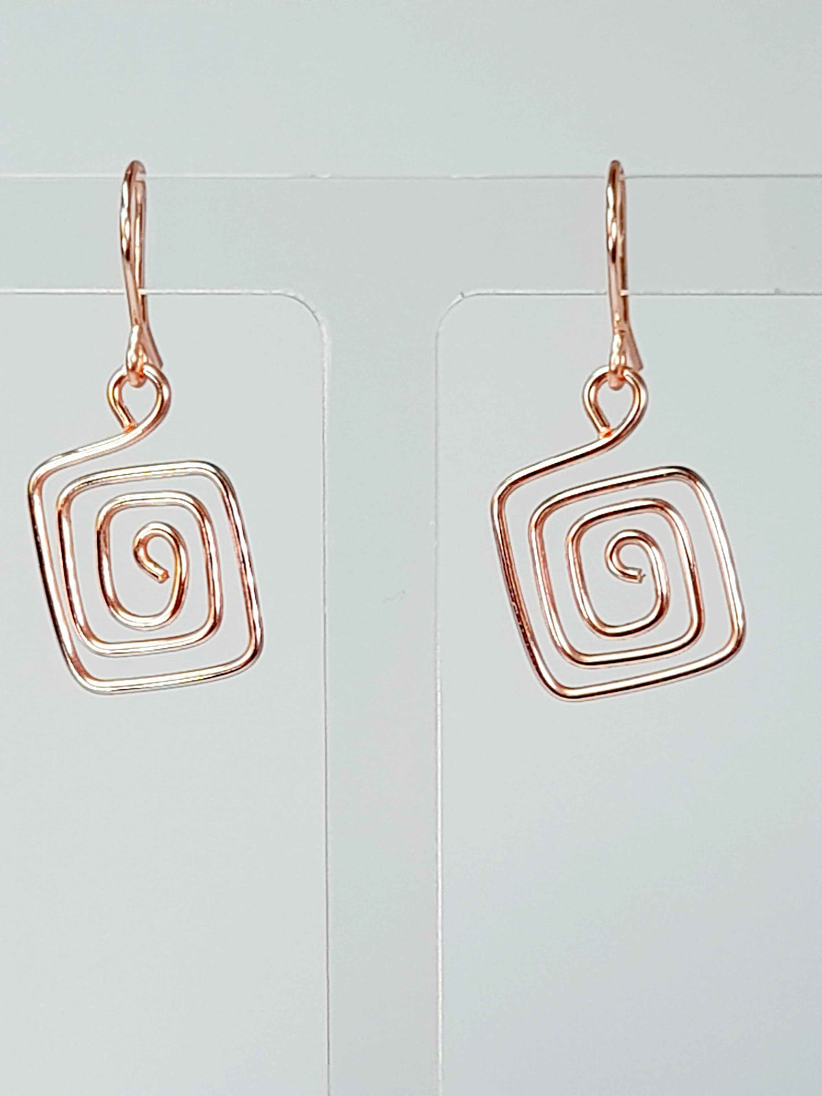 Handmade Rose Gold Spiral Square Earrings, Dainty Lightweight Geometric Drops