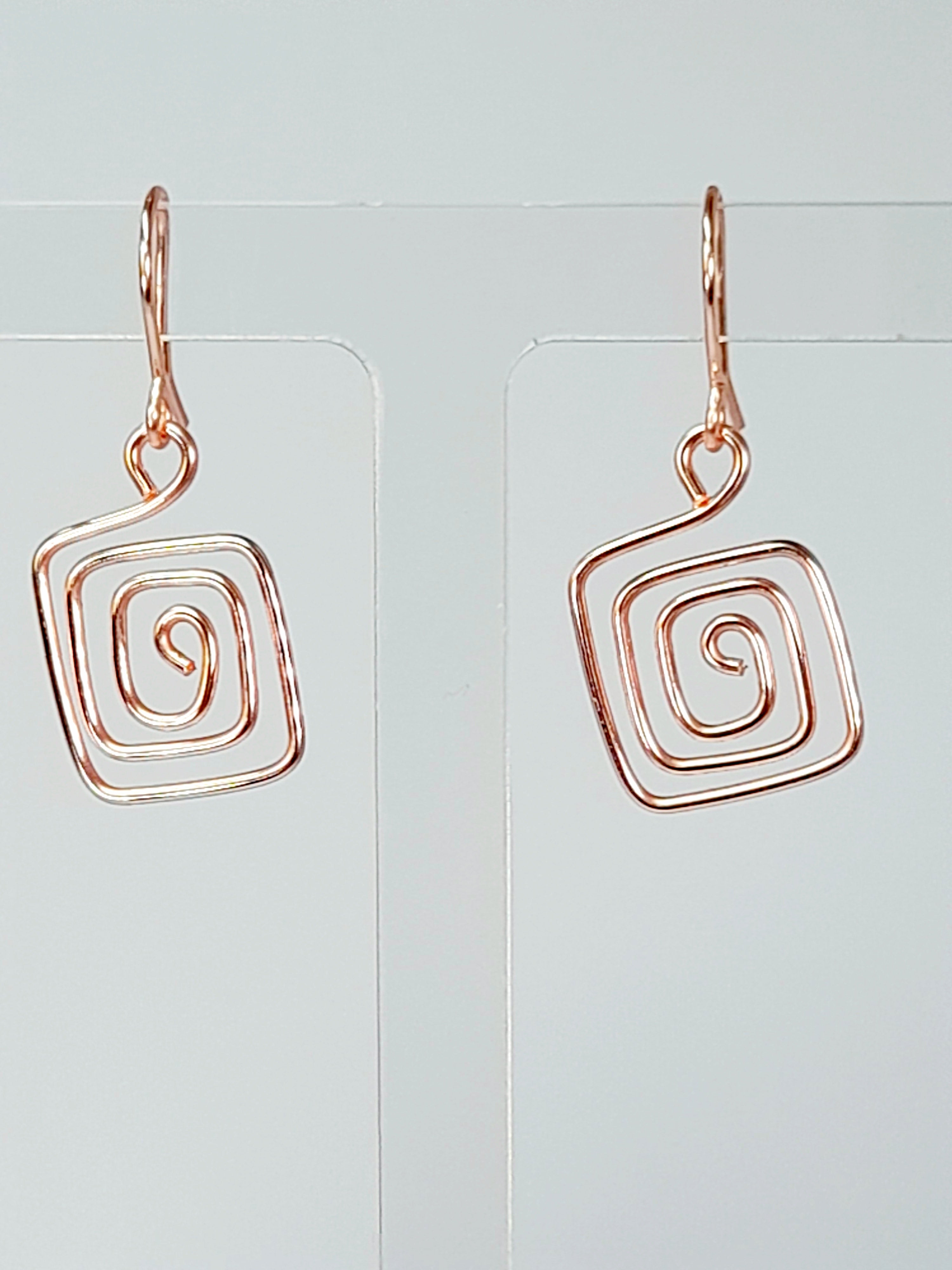 Handmade Rose Gold Spiral Square Earrings, Dainty Lightweight Geometric Drops
