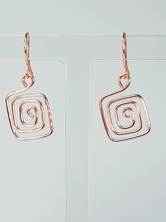 Handmade Rose Gold Spiral Square Earrings, Dainty Lightweight Geometric Drops