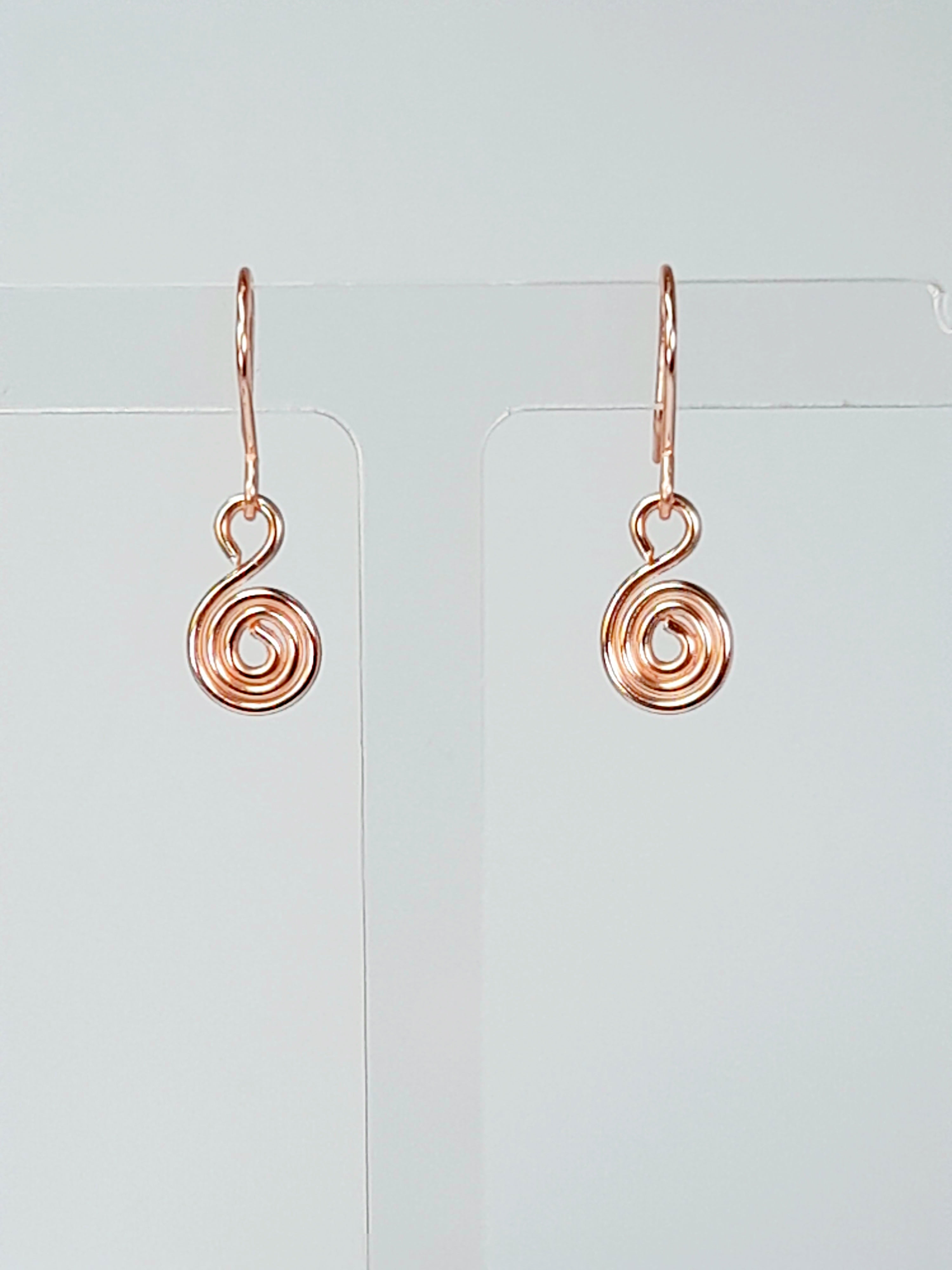 Tiny Rose Gold Spiral Earrings, Handmade Dainty Lightweight Swirl Drops